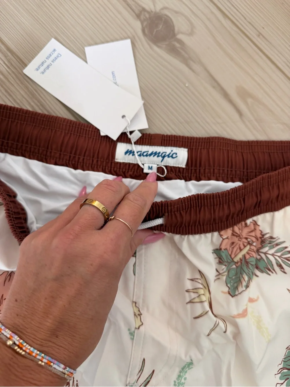 Men's Floral Cream Swim Trunks with Brown Trim